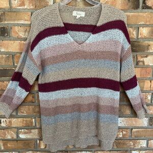 Nurture by Westbound Multicolored Tan Striped V-Neck Pullover Sweater Large